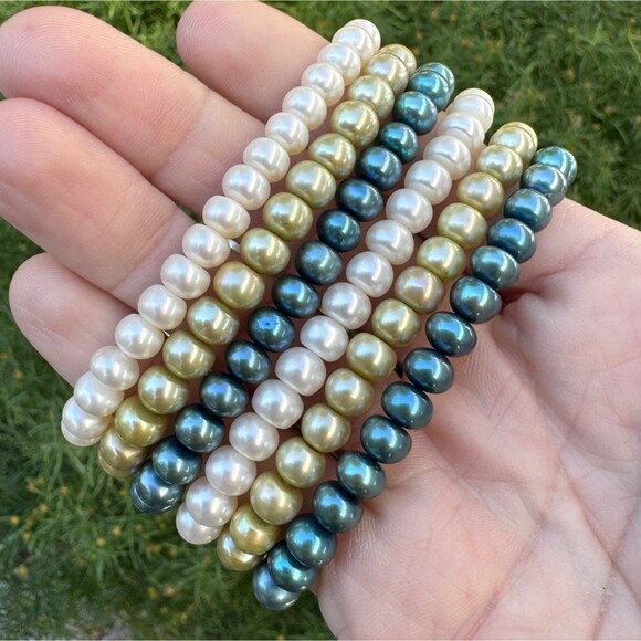 Honora Pearl Stretch Bracelets Set Of 6 Blue Green White Cool Tones Vintage - Picture 7 of 10